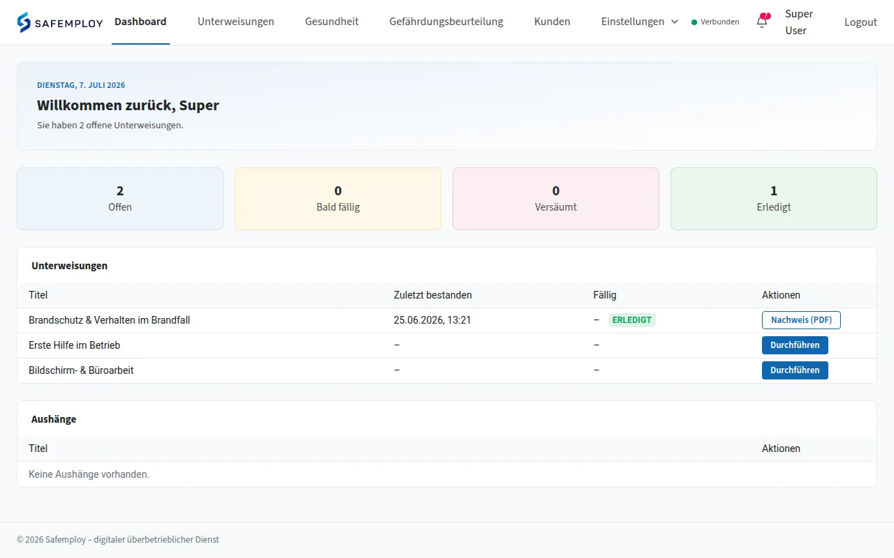 Safemploy Dashboard mit Fälligkeits-KPIs und Unterweisungsübersicht