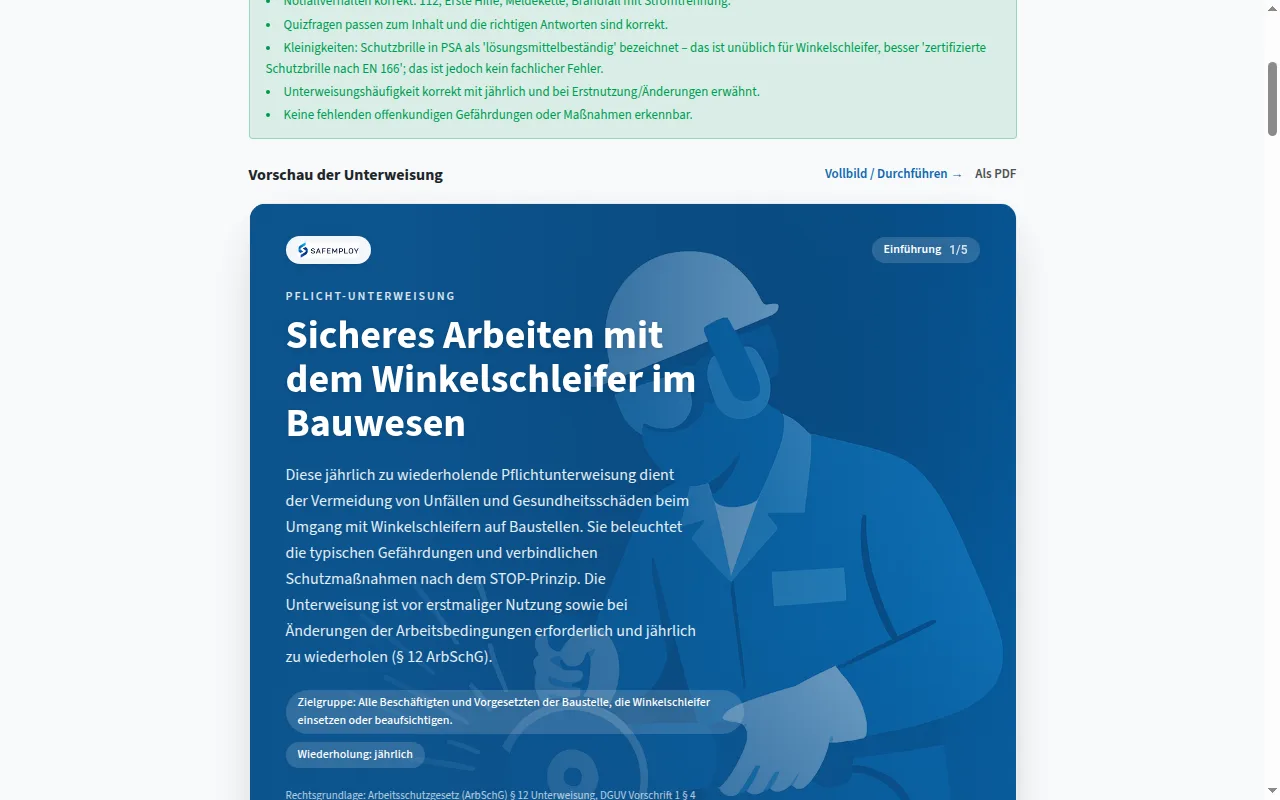 Safemploy: KI-generierte Unterweisung mit gestaltetem Titelbild und Gefährdungs-Folien