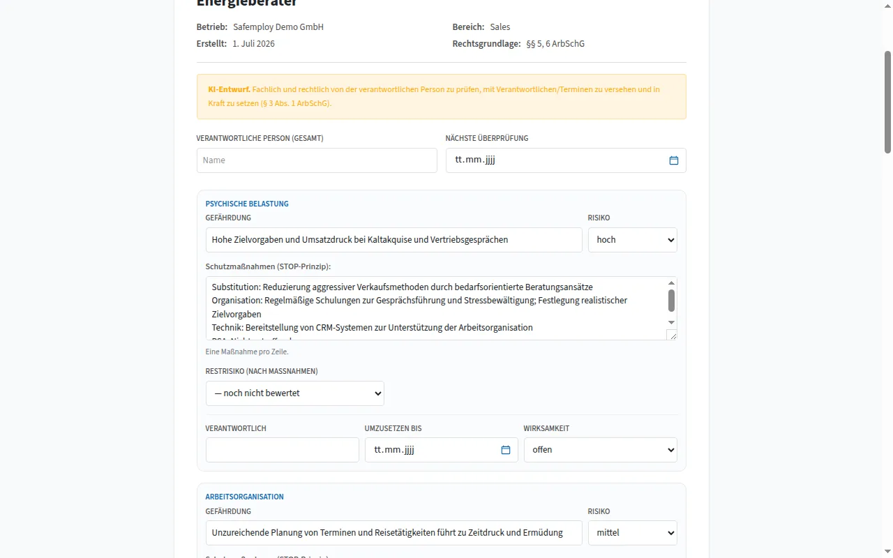 Safemploy: digitale Gefährdungsbeurteilung mit Risikobewertung und Maßnahmen